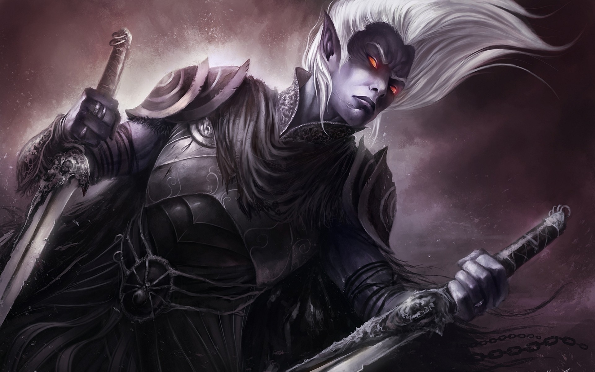 other games silahlar kılıç yetişkin bir portre maske sanat kadın karanlık elf yanan gözler zırh kılıçlar zincirler