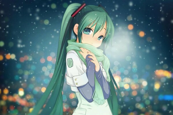 One girl stands against the background of bokeh