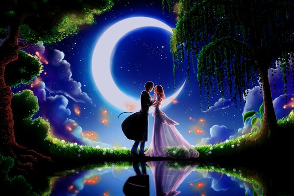 Illustration of fairy-tale heroes in love with the Moon