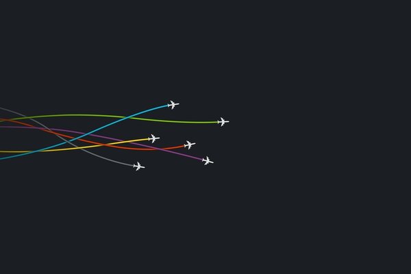 Bunte Flugzeuge fliegen auf schwarzem Hintergrund