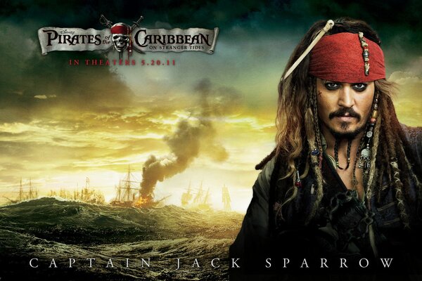 A sea with high waves and a burning ship. Jack Sparrow