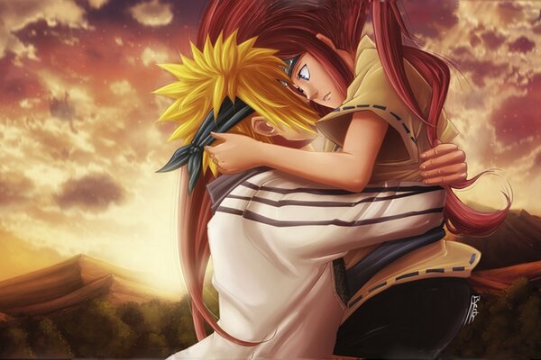 A couple from the anime series in the rays of sunset