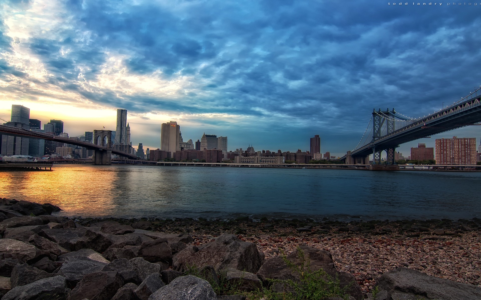 united states water bridge sunset architecture city travel river sky dusk skyline reflection dawn building urban cityscape downtown transportation system suspension bridge evening ny bridge ny city ny picture sua us