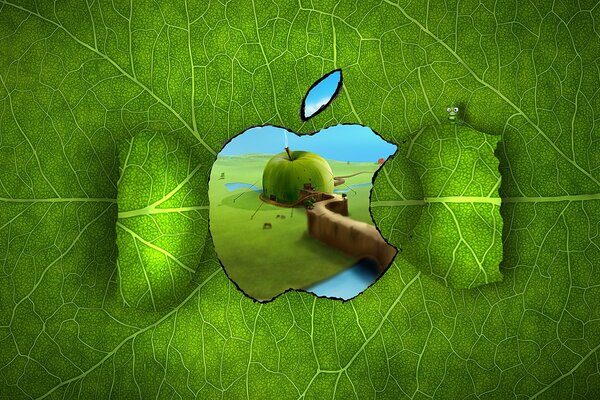 Elma logosu yeşil yapraklarda dekore edilmiştir