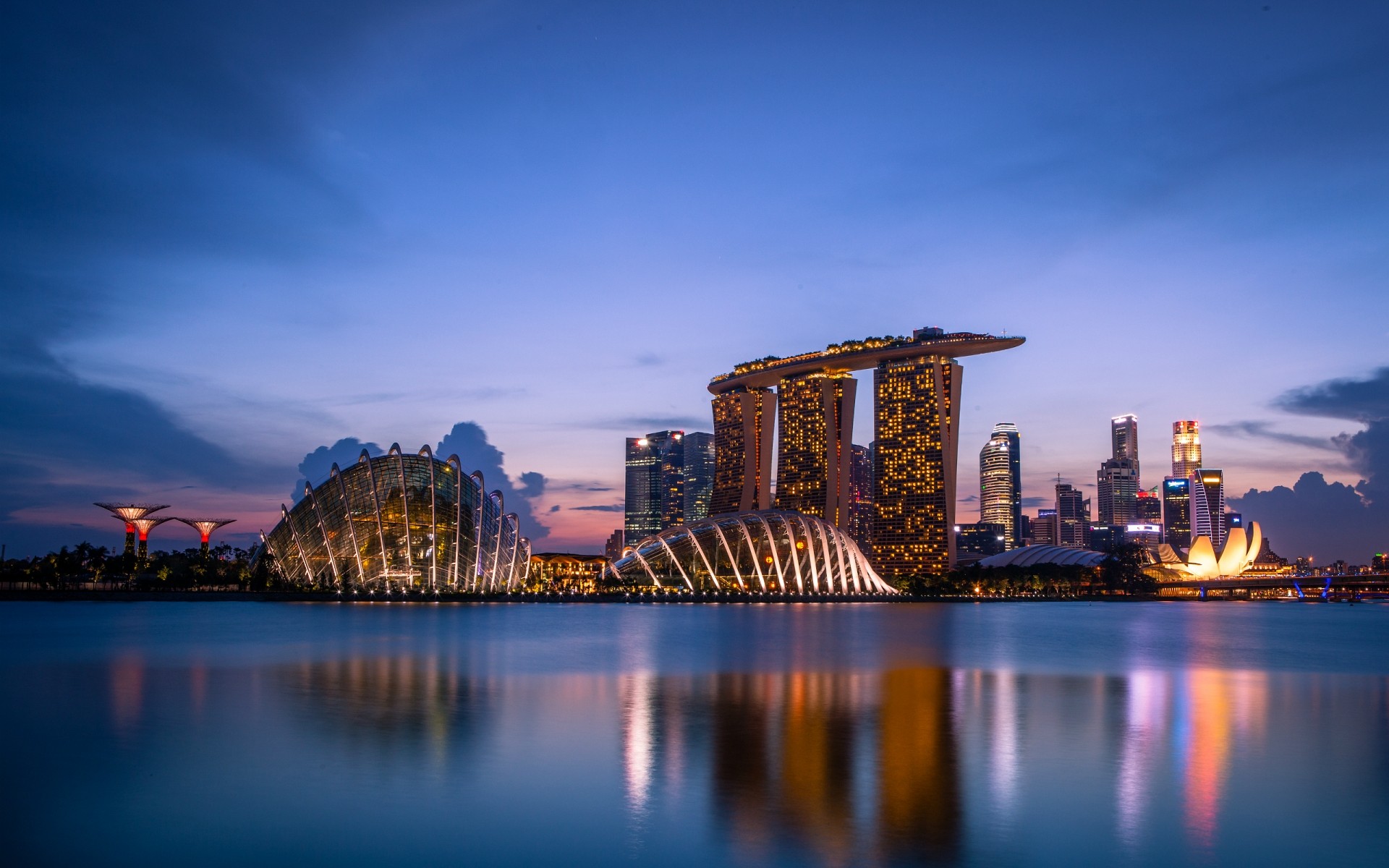 other city water architecture sunset city travel dusk evening reflection sky bridge river illuminated cityscape dawn outdoors skyline building downtown singapore gardens by the bay city lights night lights