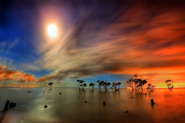 Alba / tramonto sulla spiaggia, il sole sorge magnificamente