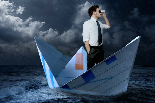 A man on a ship at sea in photo processing