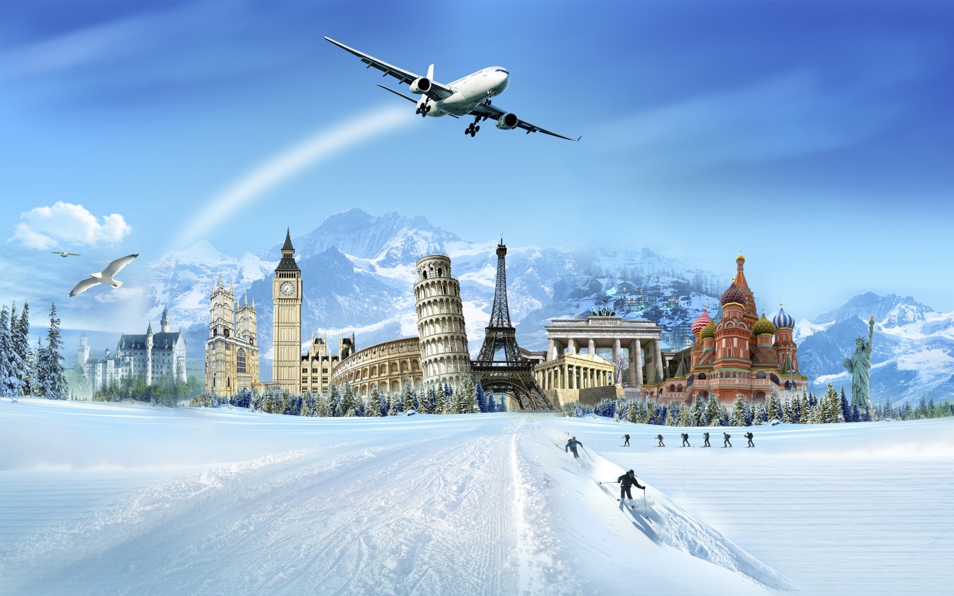 fantasy snow winter cold travel ice sky frost big ben eiffel tower art background