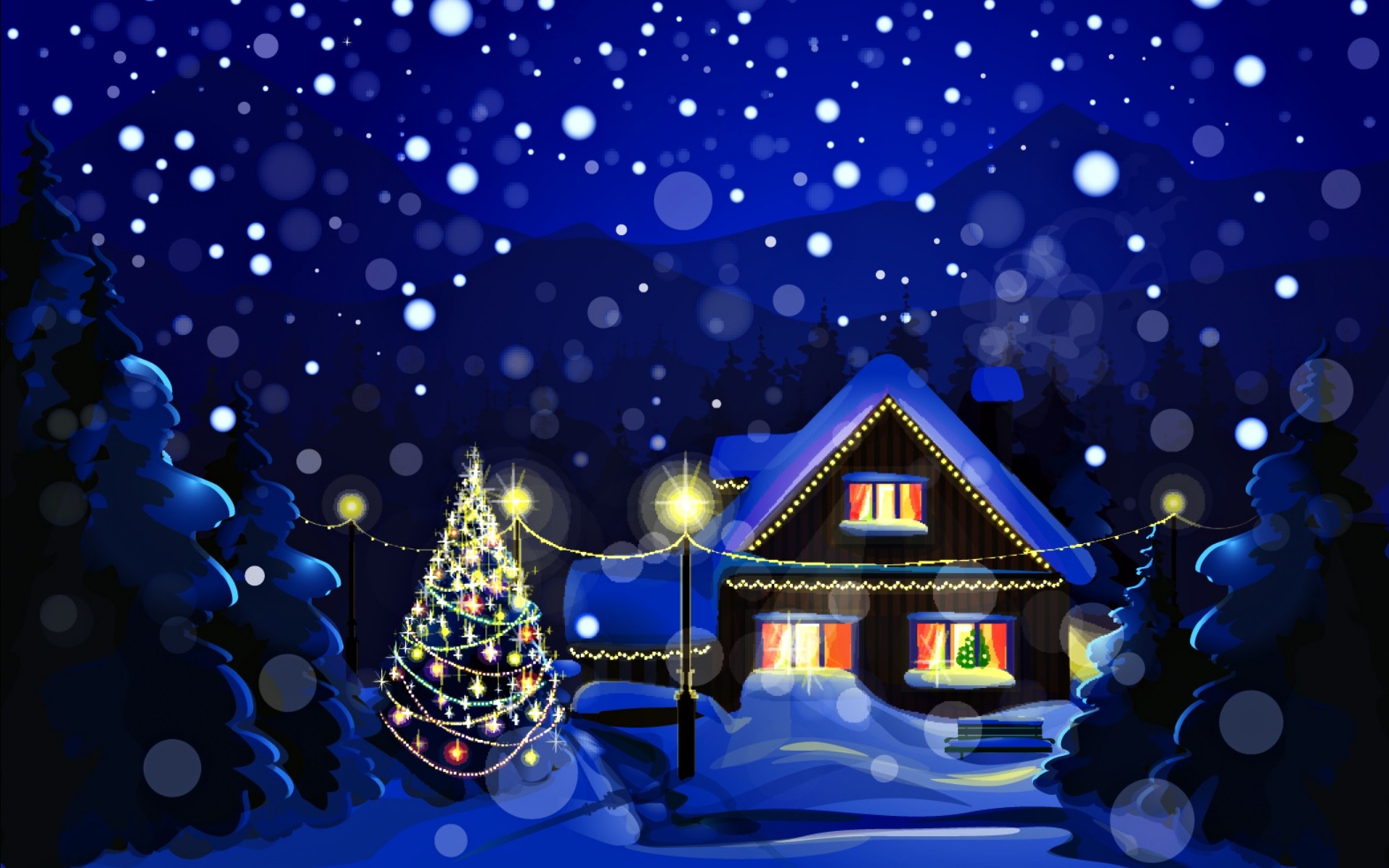 winter christmas celebration merry desktop illustration eve decoration light snow snowflake snow house snowing tree lights