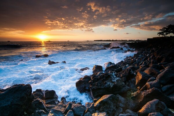 Plage rocheuse, coucher de soleil, vagues. Mer mousseuse