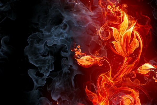 Dark smoke and red fire flame