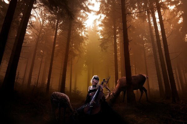 Chica en el bosque de otoño al amanecer