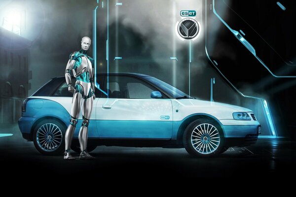 The robot is standing next to the car