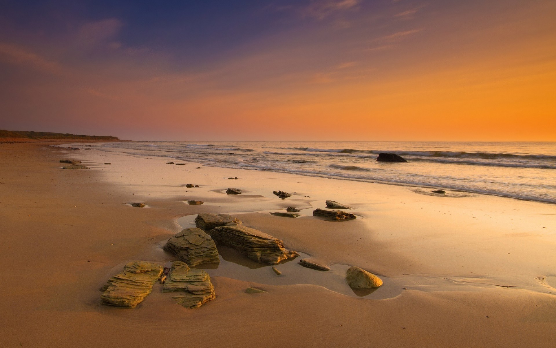 landscapes beach sand water sunset seashore ocean sea dawn surf sun seascape fair weather dusk travel wave evening sky rocks stones landscape beach poster