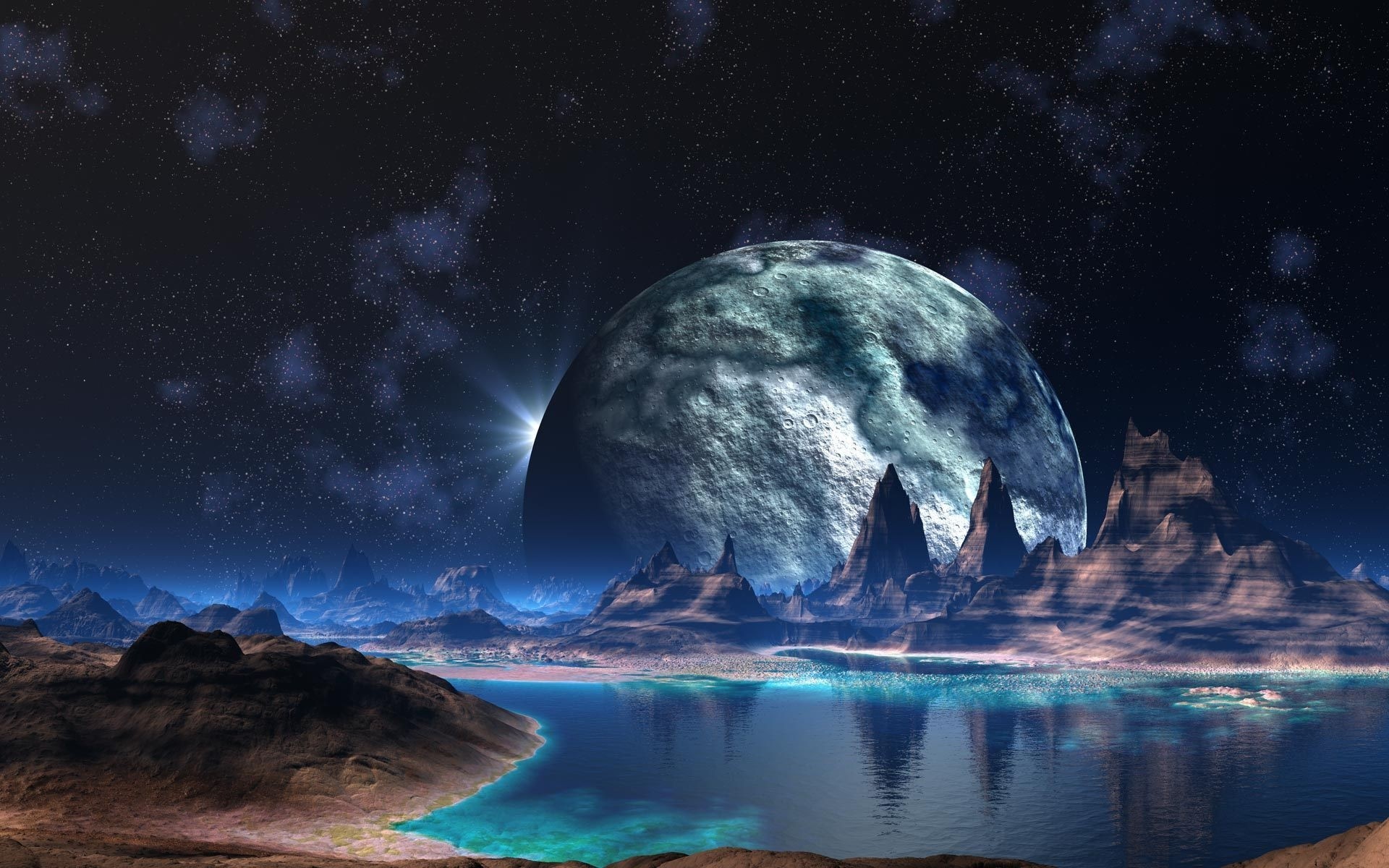 fantasia luna astronomia acqua viaggi pianeti oceano cielo esplorazione sera mare all aperto natura galassia alba sole scienza fantascienza pianeti montagne fiume stelle