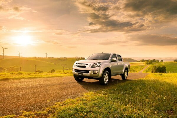 A gray SUV is standing on the road in a field