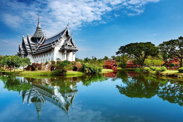 Chinese-style house on the lake shore