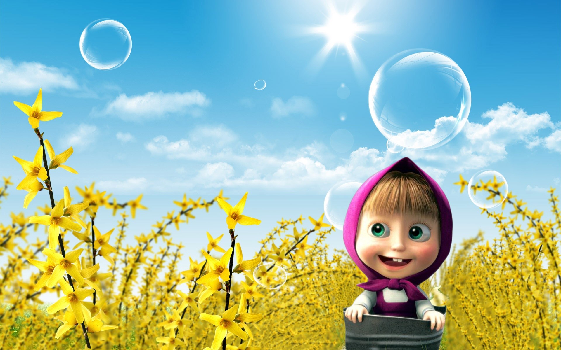 cartoons natur himmel sommer gras feld heuhaufen schön sonne vergnügen blume gutes wetter kind seife blasen mascha