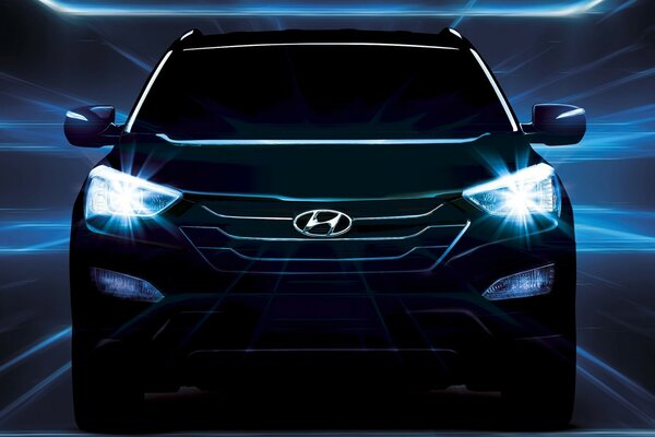 Dark Hyundai Santa Fe with low beam headlights rides in the dark