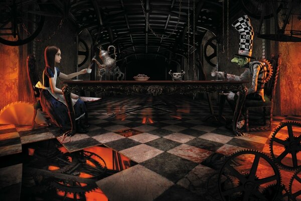 الشخصيات في اللعبة معا على طاولة في غرفة مظلمة