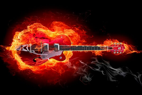 A guitar blazing with bright fire