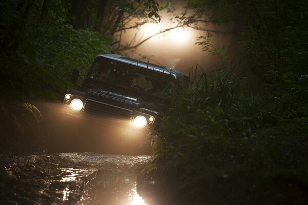 Coche SUV ilumina su camino en el bosque