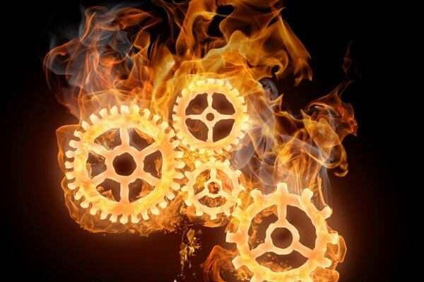 Four spinning fiery gears