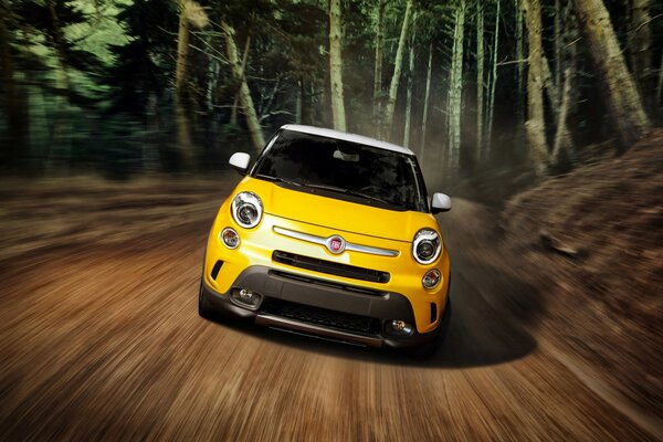 A yellow Fiat speeding through the night forest