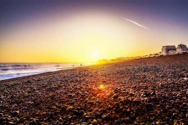 Sunset on the sea, view from the beach