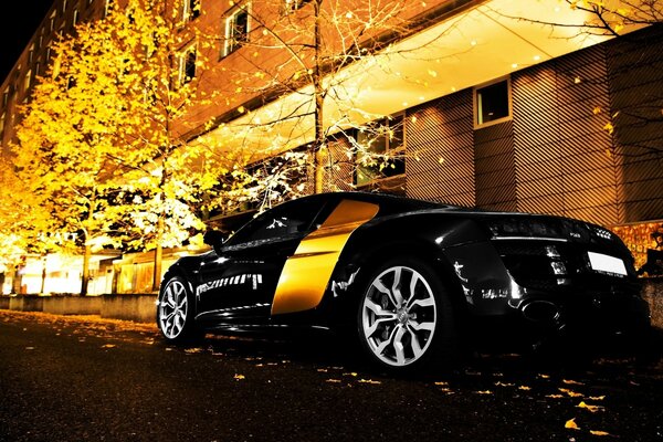 A black car on an autumn night street