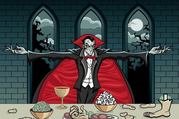 Dracula isst in seinem Schloss zu Abend