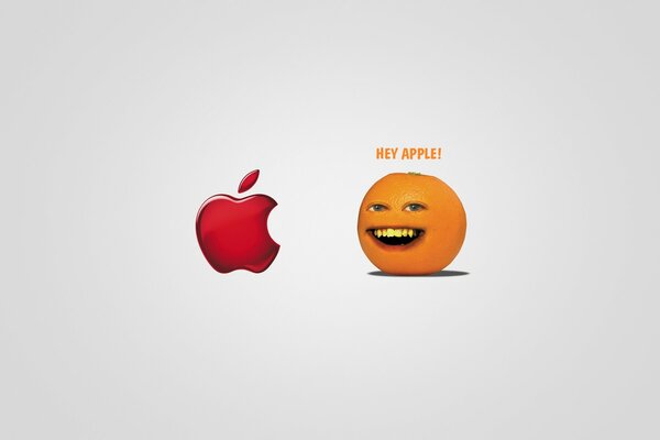 Eine Orange mit dem Gesicht eines Mannes sagt Hallo zum Apple-Logo