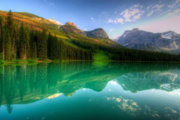 Mountains and forest reflecting in the mirror lake