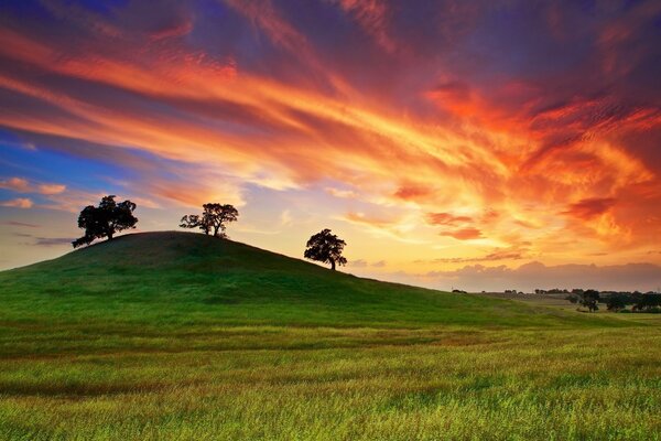 Rural landscape the sun behind the hill