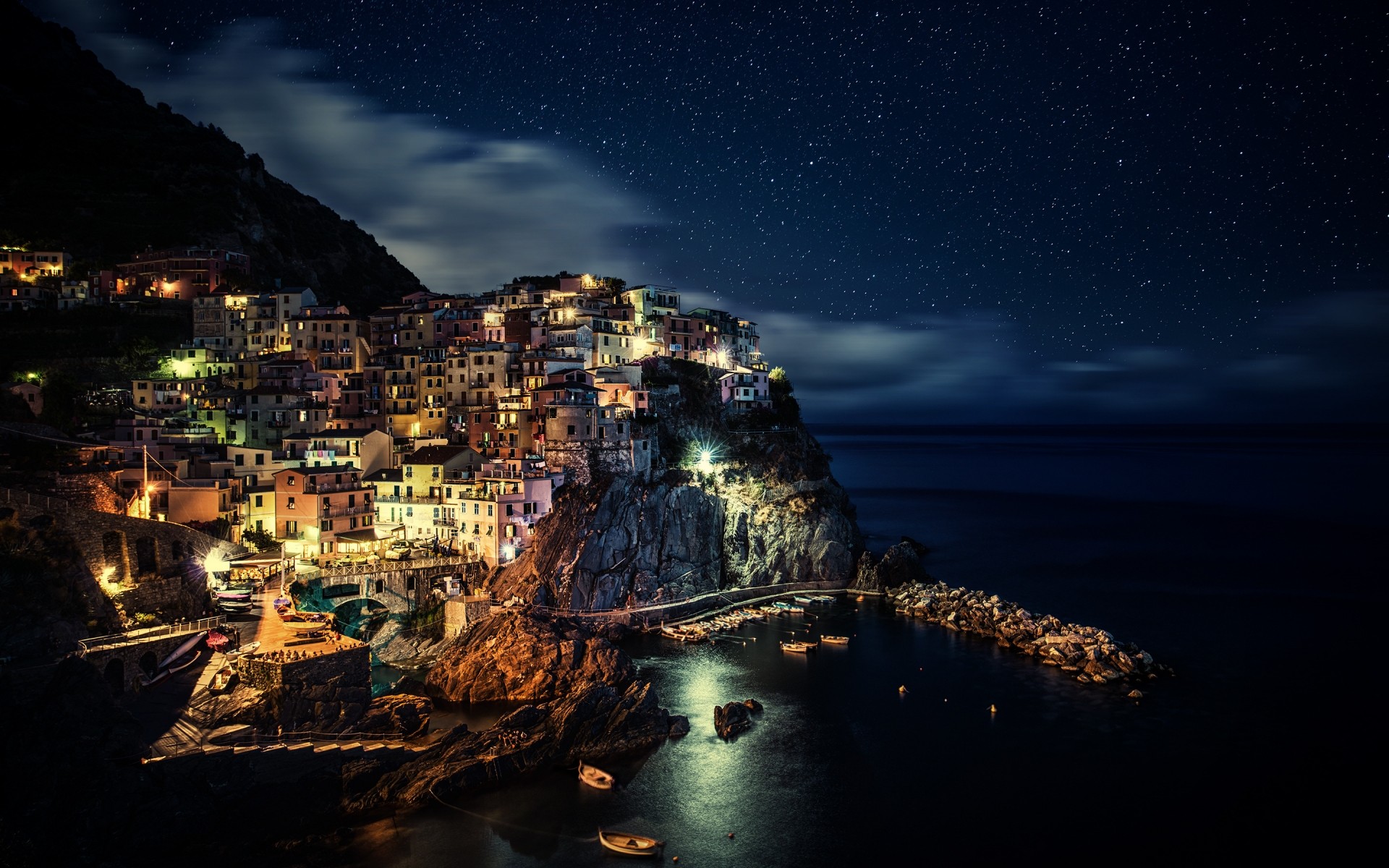 paysage eau voyage lune soir architecture ciel ville paysage réflexion mer crépuscule à l extérieur manarola nuit océan paysage cinque terre