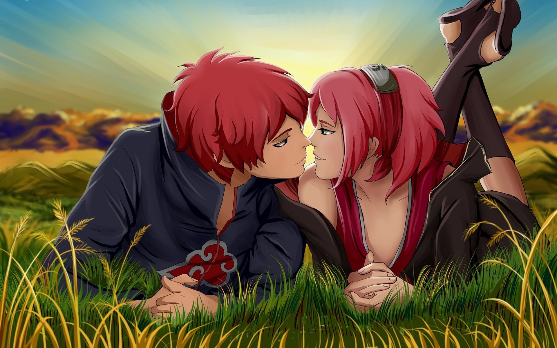 cartoons grass nature woman girl man field summer outdoors naruto couple love