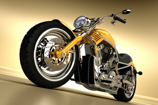 Yellow motorcycle on a plain beige background