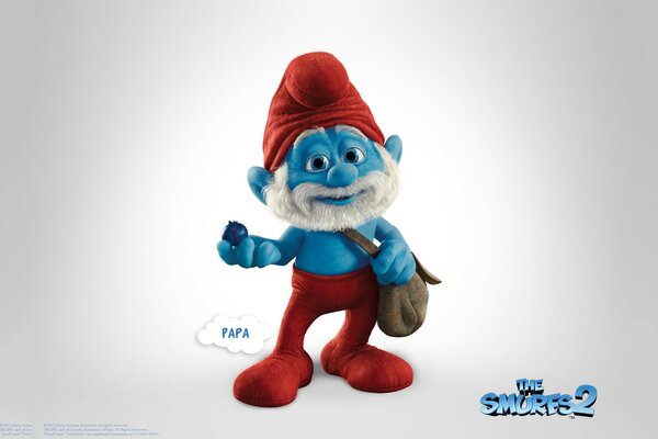 Papa Smurf with a bag on a white background