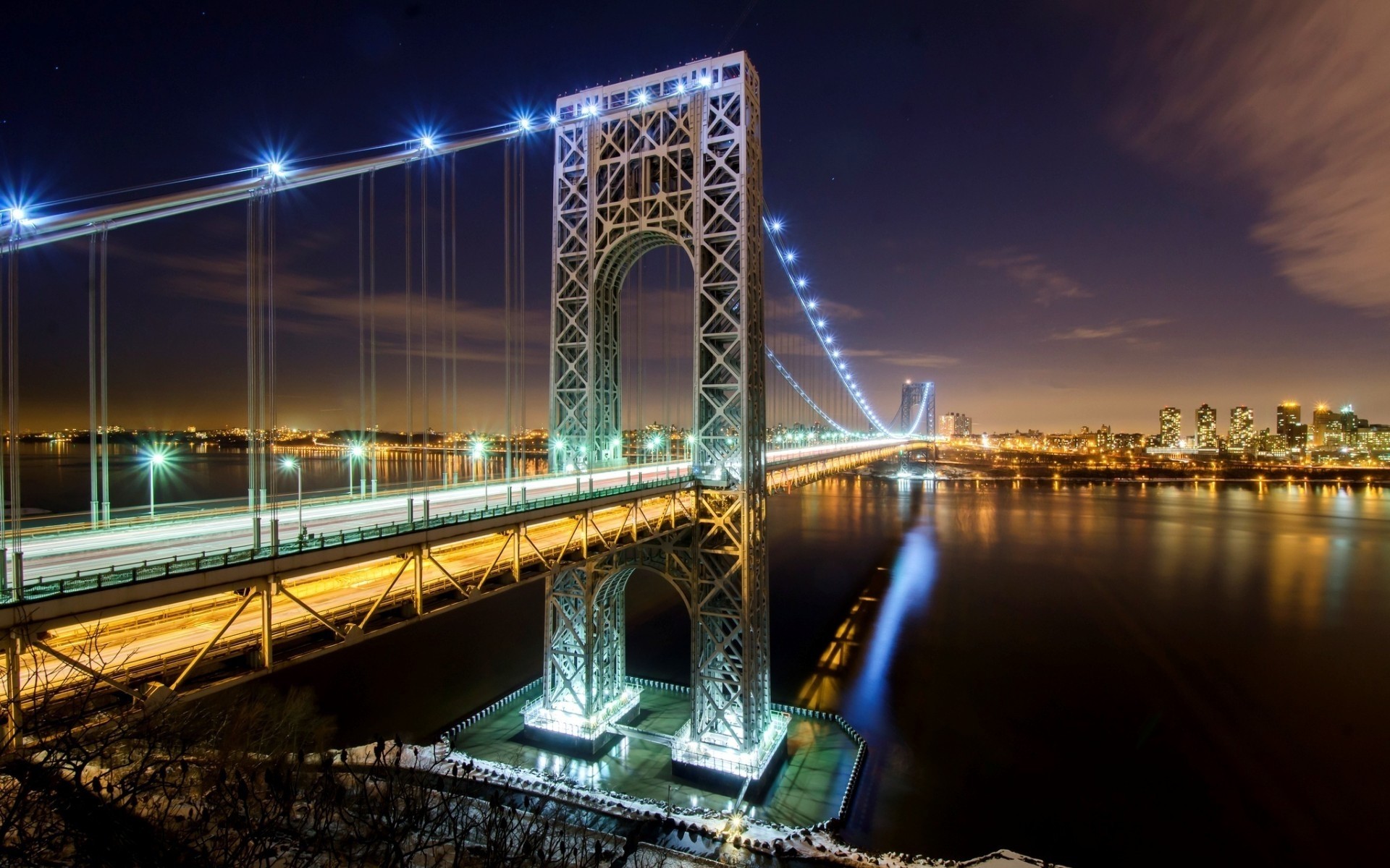 united states bridge water city river travel sunset architecture dusk sky reflection urban evening building light downtown cityscape dawn connection nyc usa george washington bridge