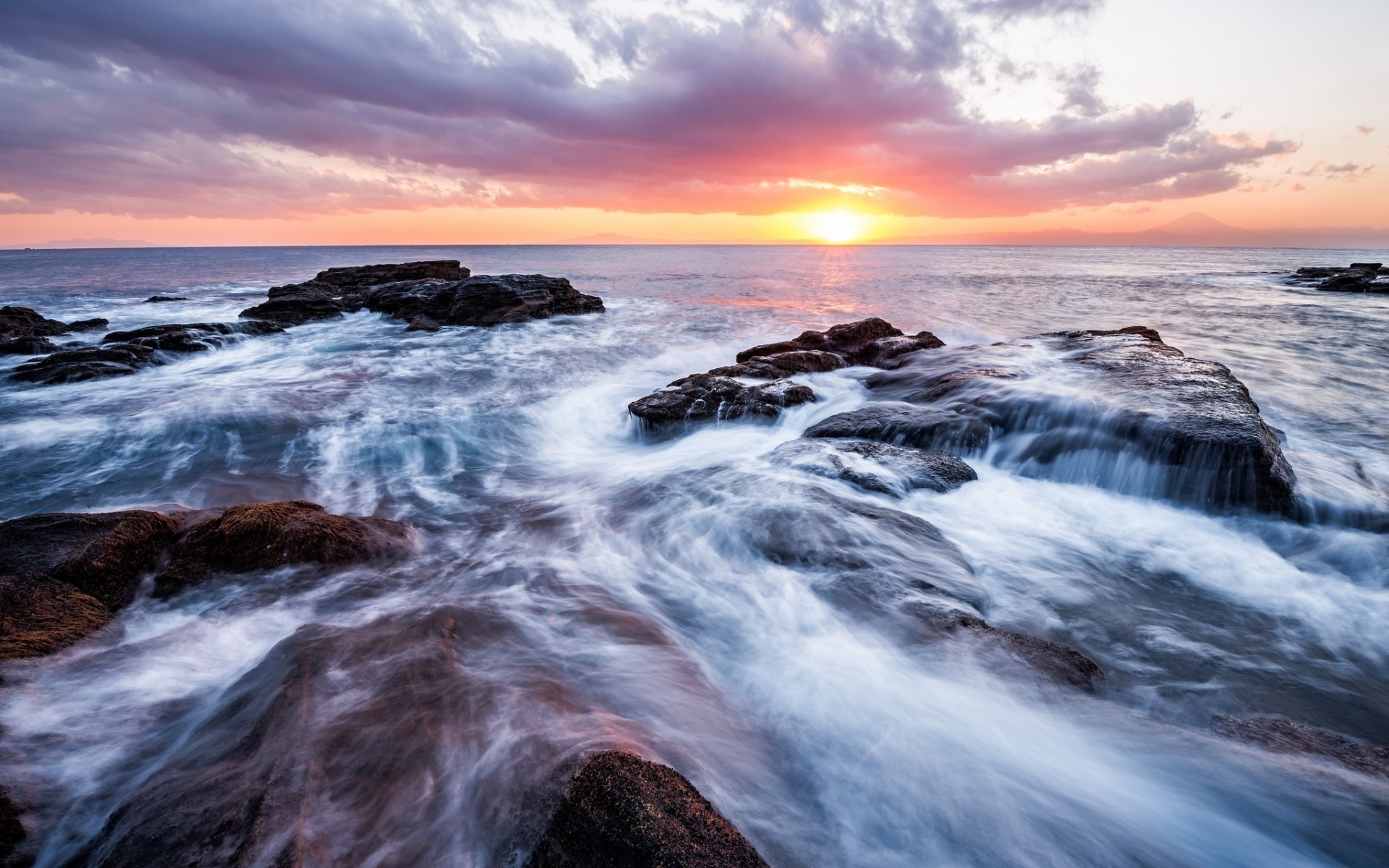 japan water sunset seascape sea ocean dusk dawn evening beach seashore travel landscape nature wave surf sky rock sun stones