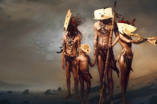 A half-naked primitive family on a walk