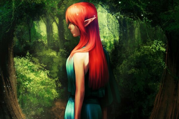 An elf girl in a beautiful green forest