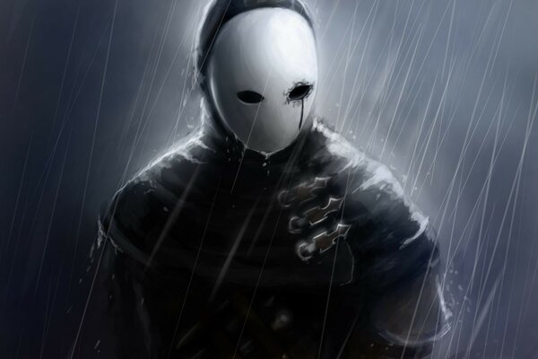 A gamer drawing in a white mask