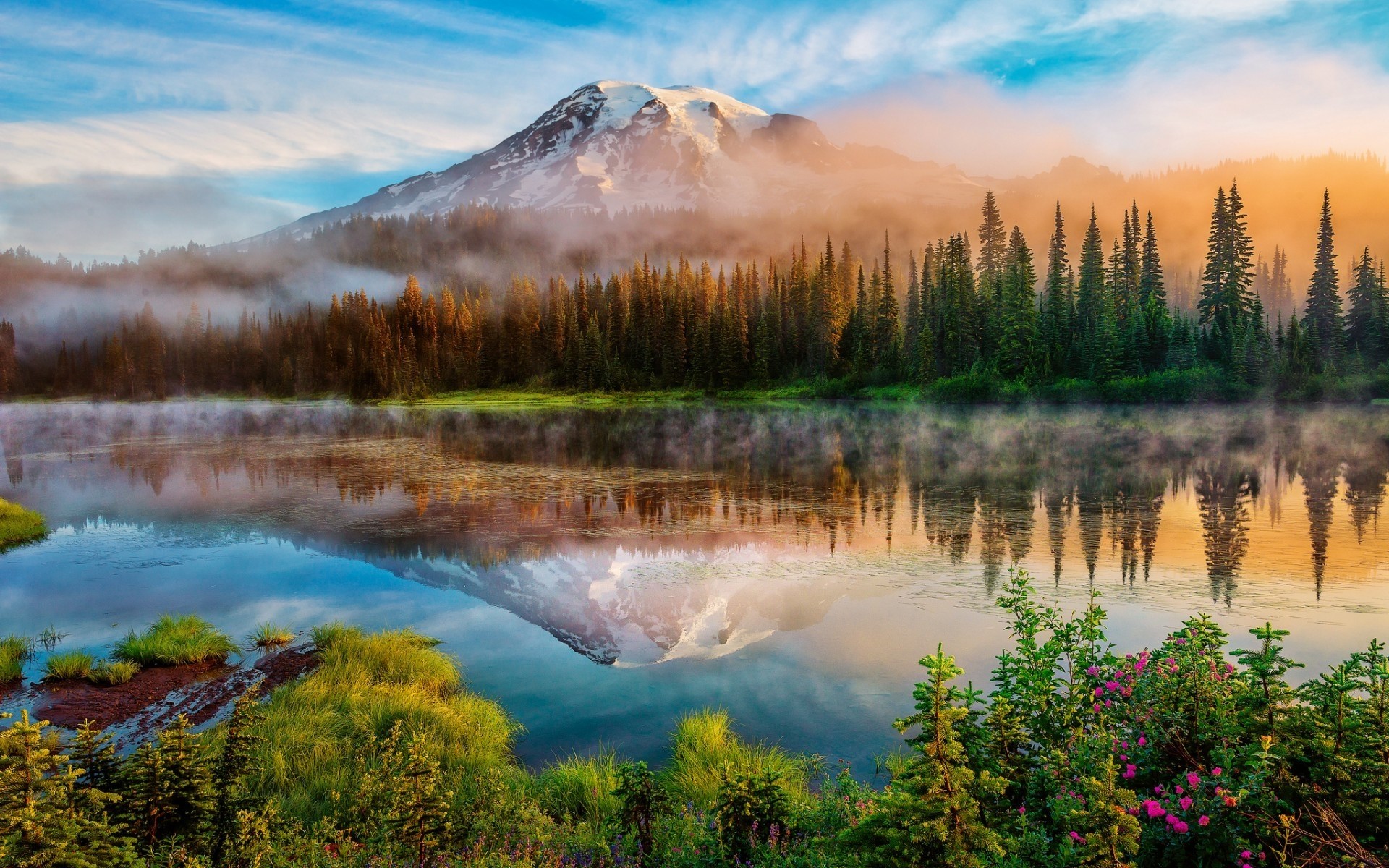 united states lake water landscape nature outdoors dawn reflection mountain travel scenic snow fall wood sky sunset mount rainier mountains