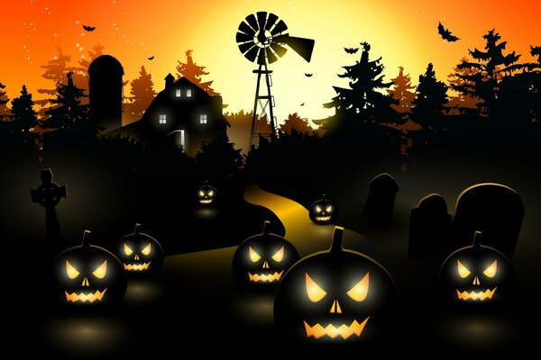 Glowing pumpkins on the background of a windmill