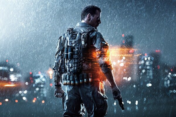 The hero of the shooter game in the rain