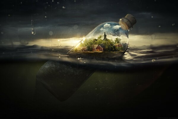 Eine Flasche Landschaft mit einer Stadt im Inneren schwimmt auf dem Wasser