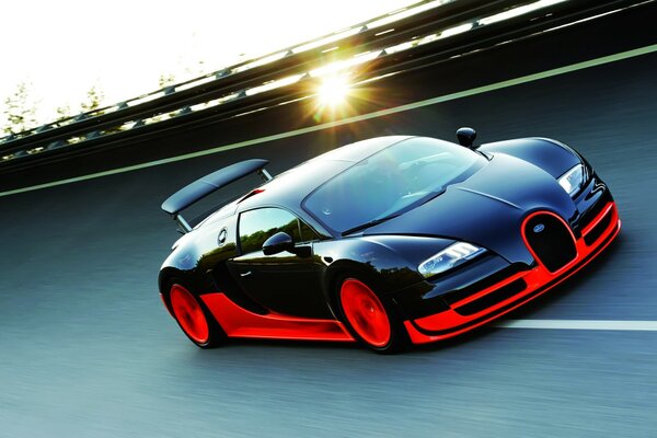 Frisky Bugatti drives fast on the highway