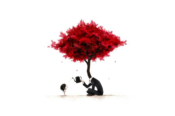 En lugar de la cabeza crece un árbol rojo