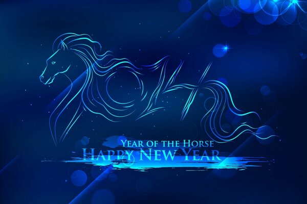 New Year wallpaper. A horse on a blue background with a New year s wish